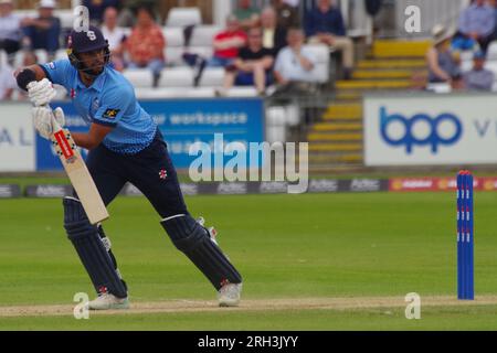 Chester le Street, 13. August 2023. Emilio Gay schlägt für Northamptonshire Steelbacks gegen Durham Cricket im Metro Bank One Day Cup am Seat Unique Riverside. Kredit: Colin Edwards/Alamy Live News. Stockfoto