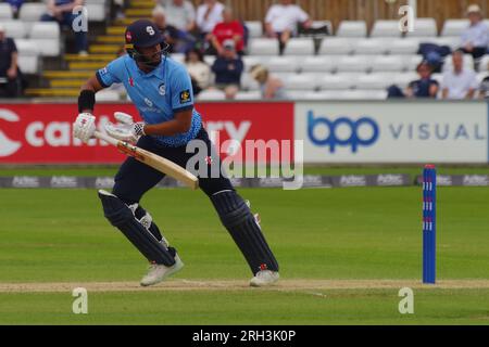 Chester le Street, 13. August 2023. Emilio Gay schlägt für Northamptonshire Steelbacks gegen Durham Cricket im Metro Bank One Day Cup am Seat Unique Riverside. Kredit: Colin Edwards/Alamy Live News. Stockfoto