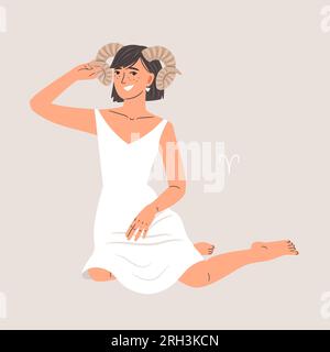 Frau mit Zodiakzeichen Widder Hörner, Horoskop-Astrologie-Symbol mit hübschem Mädchen in weißem Kleid. Vektor des aries-Zodiac-Zeichens, Astrologie-Frau-Illustration Stock Vektor