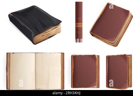 Realistische alte Bücher. 3D antikes offenes oder geschlossenes Buch mit Rücken in Vintage Dekor Ledertexturhülle aus der Universitätsbibliothek, Retro-Luxus-Wissen exakte Vektordarstellung des Buches realistisch offen Stock Vektor