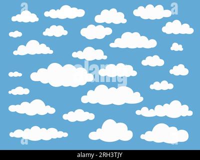 Comic Cumulus Clouds. Weiße, flauschige Bläschen. Abgerundete Form. Blauer, bewölkter Himmelshintergrund. Flacher Cloudscape-Stil. Fliegende atmosphärische Verdampfung Stock Vektor