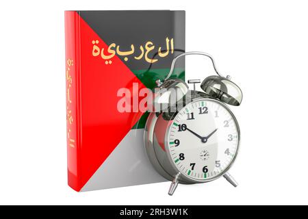 Arabisches Lehrbuch mit Wecker. Zeit, Arabisch zu lernen, 3D-Rendering isoliert auf weißem Hintergrund Stockfoto