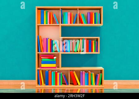 Buchstabe E in Form von Regalen mit Büchern im Raum nahe der Wand, 3D-Rendering Stockfoto