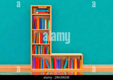 Buchstabe L in Form von Regalen mit Büchern im Raum nahe der Wand, 3D-Darstellung Stockfoto