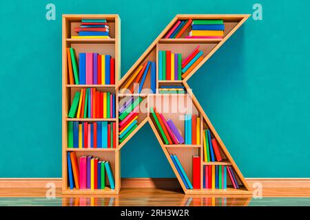 Buchstabe K in Form von Regalen mit Büchern im Raum nahe der Wand, 3D-Darstellung Stockfoto