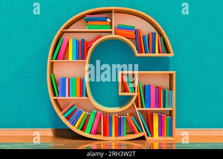 Buchstabe G in Form von Regalen mit Büchern im Raum nahe der Wand, 3D-Rendering Stockfoto