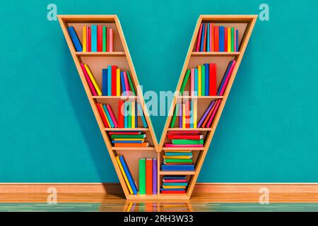 Buchstabe V in Form von Regalen mit Büchern im Raum nahe der Wand, 3D-Rendering Stockfoto