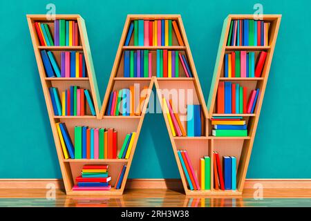 Buchstabe W in Form von Regalen mit Büchern im Raum nahe der Wand, 3D-Rendering Stockfoto