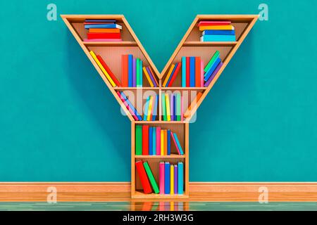 Buchstabe Y in Form von Regalen mit Büchern im Raum nahe der Wand, 3D-Rendering Stockfoto