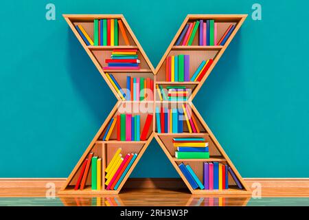 Buchstabe X in Form von Regalen mit Büchern im Raum nahe der Wand, 3D-Rendering Stockfoto