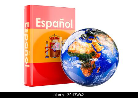 Spanisches Lehrbuch mit Earth Globe. Internationale Kurse und Kurse in spanischer Sprache, 3D-Darstellung isoliert auf weißem Hintergrund Stockfoto