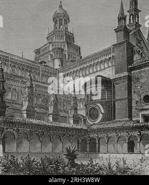 Italien. Certosa di Pavia. Kleines Kloster. Gravur von Bertrand und Huyot. "Vie Militaire et Religieuse au Moyen Age et à l'Epoque de la Renaissance". Paris, 1877. Stockfoto