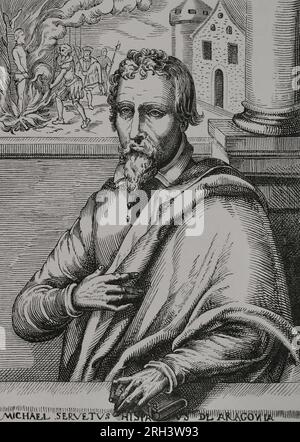 Michael Servetus (1511-1553). Spanischer Arzt und Theologe. Er wurde von der Inquisition verfolgt und floh nach Genf, wo er auf Calvins Initiative wegen Ketzerei auf dem Scheiterhaufen verbrannt wurde. Porträt. Faksimile aus dem 19. Jahrhundert einer Gravur in "Historia Michaelis Serveti", 1727. "Vie Militaire et Religieuse au Moyen Age et à l'Epoque de la Renaissance". Paris, 1877. Stockfoto