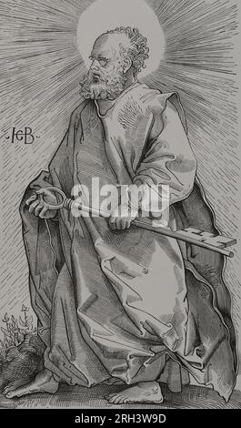 St. Peter (1. Jahrhundert v. Chr. - 67 n. Chr.). Einer der Apostel Jesu von Nazareth. Fax einer Gravur von Hans Baldung (ca. 1485-1545), 1519. "Vie Militaire et Religieuse au et à l'Epoque de la Renaissance". Paris, 1877. Stockfoto