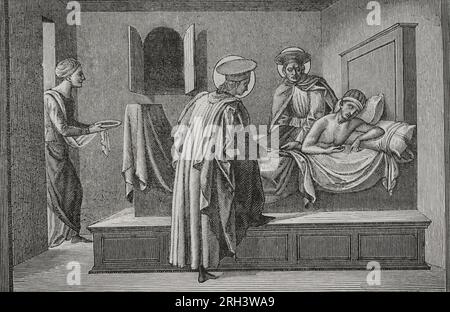 Cosmas und Damian. Es waren zwei christliche Brüder, Ärzte nach Beruf, aus Arabien (3. Jahrhundert). Sie praktizierten Medizin in Cilicia, Augusta Eufratensis (nahe Syrien), nie die Kranken und heilende viele. Sie wurden auf Befehl Diokletians um das Jahr 300 enthauptet. St. Cosmas und St. Damian besuchen einen Kranken und leisten Hilfe. Gravur von Huyot aus einem Gemälde von Francesco Peselli, 15. Jahrhundert. "Vie Militarie et Religieuse au Moyen Age et à l'Epoque de la Renaissance". Paris, 1877. Stockfoto