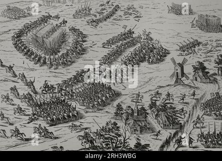 Dreux-Schlacht (19. Dezember 1562). Die Katholiken, angeführt von Constable Anne de Montmorency, Francis (Herzog von Guise) und Marschall Jacques d'Albon de Saint-André, besiegten die Hugenotten unter dem Kommando von Louis I. von Bourbon (Prinz de Conde) und Admiral Gaspard II. De Coligny. Es war die erste Schlacht während der französischen Religionskriege. Im Vordergrund wird Marschall Jacques d'Albon de Saint-André auf der katholischen Seite erschossen. Gravur. "Vie Militaire et Religiuse Au Moyen Age et l'Epoque de la Renaissance". Paris, 1877. Stockfoto