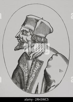 Jan Hus (1369-1415). Tschechischer Theologe und Philosoph. Der Reformer wurde 1410 exkommuniziert, weil er die Doktrinen von Wycliffe propagierte. 1414 nahm er am Constance Council Teil, wo er als Ketzer vor Gericht gestellt und zum Scheiterhaufen verurteilt wurde. Dies löste den Hussitenaufstand (1419-1434) aus, der vor den Religionskriegen stand. Porträt. Gravur. "Vie Militaire et Religieuse au Moyen Age et à l'Epoque de la Renaissance". Paris, 1877. Stockfoto