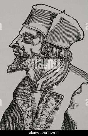 Jan Hus (1369-1415). Tschechischer Theologe und Philosoph. Der Reformer wurde 1410 exkommuniziert, weil er die Doktrinen von Wycliffe propagierte. 1414 nahm er am Constance Council Teil, wo er als Ketzer vor Gericht gestellt und zum Scheiterhaufen verurteilt wurde. Dies löste den Hussitenaufstand (1419-1434) aus, der vor den Religionskriegen stand. Porträt. Gravur. "Vie Militaire et Religieuse au Moyen Age et à l'Epoque de la Renaissance". Paris, 1877. Stockfoto