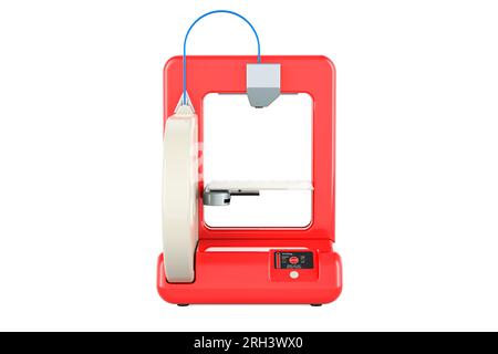 Roter 3D-Drucker, 3D-Rendering isoliert auf weißem Hintergrund Stockfoto
