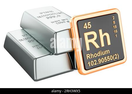 Rhodium-Blöcke mit chemischem Element Symbol Rhodium Rh, 3D-Rendering auf weißem Hintergrund isoliert Stockfoto