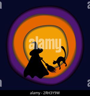 Halloween-Vektordesign in Papierform mit schwarzer Hexe und Katzensilhouette in trendigen Farbtönen. EPS. Design für Poster, Banner, Broschüren, Grußkarten oder Einladungen, Preise, Etiketten oder Web. Kopierraum Stock Vektor