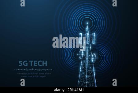 Abstrakter Antennenmast auf blau. 5G-Technologie, Telekommunikationsindustrie Stock Vektor