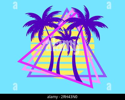 Palmen der 80er Jahre bei Sonnenuntergang. Sommerzeit. Futuristische Retro-Sonne. Synthwave- und retrowave-Stil. Design für Werbebroschüren, Banner und Poster. Vec Stock Vektor