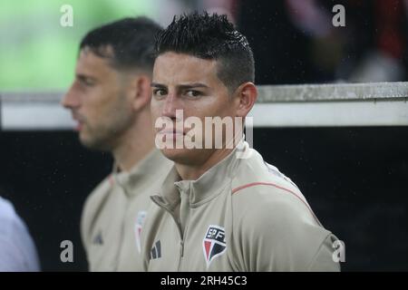 Rio de Janeiro, Brasilien. 13. Aug. 2023. James Rodriguez von Sao Paulo, während des Spiels zwischen Flamengo und Sao Paulo für die brasilianische Serie A 2023, im Maracana Stadium, am 13. August in Rio de Janeiro. Foto: Daniel Castelo Branco/DiaEsportivo/Alamy Live News Kredit: DiaEsportivo/Alamy Live News Stockfoto