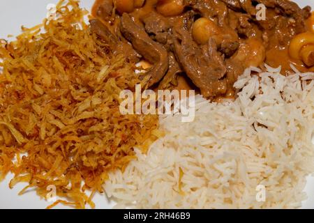 Traditionelles Filet Mignon Stroganoff, serviert auf einem weißen Teller mit Reis und Pommes frites Stockfoto