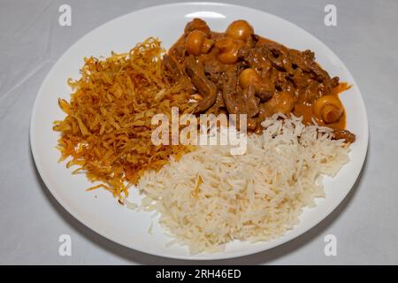 Traditionelles Filet Mignon Stroganoff, serviert auf einem weißen Teller mit Reis und Pommes frites Stockfoto