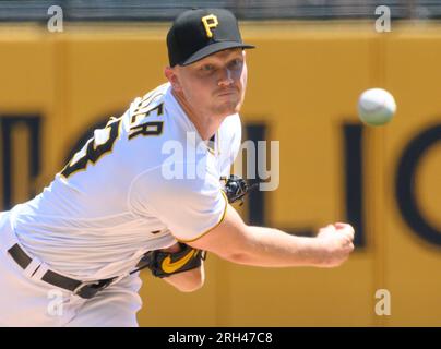 Pittsburgh, Usa. 13. Aug. 2023. Pittsburgh Pirates Rechtshänder Pitcher Mitch Keller (23) tritt gegen die Cincinnati Reds im PNC Park am Sonntag, den 13. August 2023 in Pittsburgh an. Foto: Archie Carpenter/UPI Credit: UPI/Alamy Live News Stockfoto