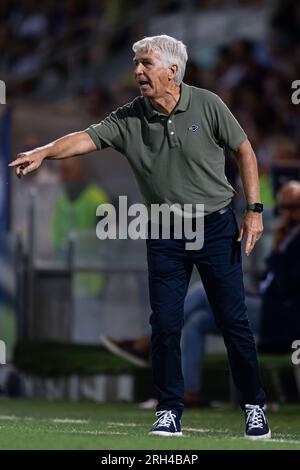 Gian Piero Gasperini, Cheftrainer von Atalanta BC, zeigt Gesten während des freundlichen Fußballspiels zwischen Juventus FC und Atalanta BC. Stockfoto