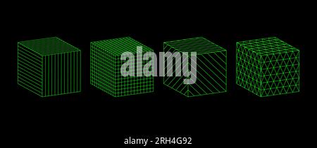 Neongrüne Wireframe Cubes Kollektion. 3D Konturformen mit unterschiedlichen Rastermustern. Geometrische quadratische Elemente für Designvorlage, Symbol, Logo. Abstrakte Box mit Gitterlinien. Vektordarstellung Stock Vektor