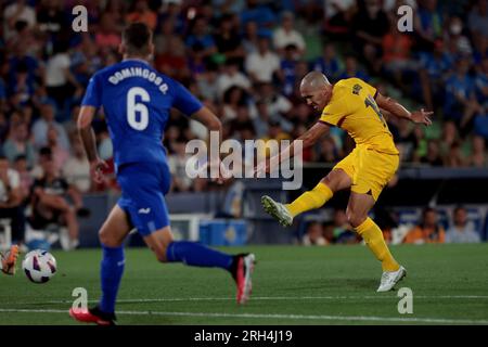 Getafe, Spanien. 13. Aug. 2023. Madrid Spanien; 08.13.2023.- Romeu Getafe zieht 0-0 mit Barcelona in einem Spiel der Spanischen Fußballliga am Spieltag 01, das im Kolosseum Alfonso Perez zur Stadt Getafe, Madrid stattfindet. Gutschrift: Juan Carlos Rojas/dpa/Alamy Live News Stockfoto