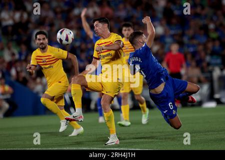 Getafe, Spanien. 13. Aug. 2023. Madrid Spanien; 08.13.2023.- Lewandowski. Getafe zieht 0-0 mit Barcelona in einem Spiel der Spanischen Fußballliga am Spieltag 01 im Coliseum Alfonso Perez zur Stadt Getafe, Madrid. Kredit: Juan Carlos Rojas/dpa/Alamy Live News Stockfoto