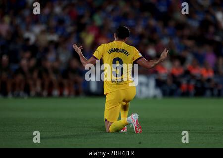 Getafe, Spanien. 13. Aug. 2023. Madrid Spanien; 08.13.2023.- Barcelona Spieler Lewandowski. Getafe zieht 0-0 mit Barcelona in einem Spiel der Spanischen Fußballliga am Spieltag 01 im Coliseum Alfonso Perez zur Stadt Getafe, Madrid. Kredit: Juan Carlos Rojas/dpa/Alamy Live News Stockfoto