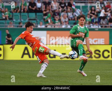 Wien, Österreich. 13. Aug. 2023. Dominik Prokop (L) von TSV Egger Glas Hartberg wehrt sich mit Moritz Oswald von SK Rapid während des österreichischen Bundesliga-Fußballspiels zwischen SK Rapid und TSV Egger Glas Hartberg in Wien am 13. August 2023. Kredit: He Canling/Xinhua/Alamy Live News Stockfoto