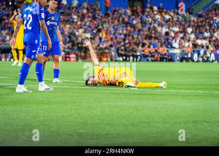 Getafe, Spanien. 13. Aug. 2023. Marcos Alonso (Barcelona) in Aktion während des EA Sports Fußballspiels von LaLiga zwischen Getafe und Barcelona im Coliseum Alfonso Perez Stadion. (Endstand; Getafe 0:0 Barcelona) Guthaben: SOPA Images Limited/Alamy Live News Stockfoto