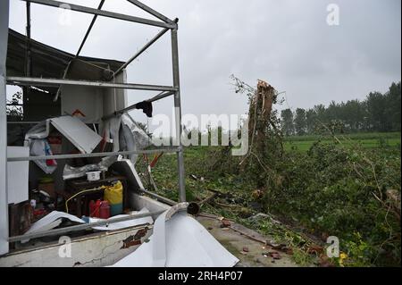 YANCHENG, CHINA - 14. AUGUST 2023 - Ein allgemeiner Überblick über den Katastrophenort, an dem Häuser nach einem Tornado im Dafeng-Bezirk, Yancheng, Jian, einstürzten Stockfoto