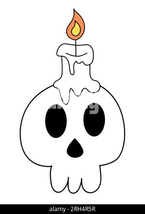Schädelkerze. Menschlicher Schädel mit einer Kerze. Halloween-Symbol. Menschlicher Schädelkerzenhalter. Vektor-Illustration. Stock Vektor