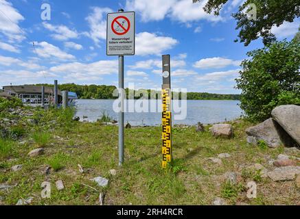 Strausberg, Deutschland. 11. Aug. 2023. Eine Wasserstandsanzeige am Straussee ist seit langem trocken. Der See hat etwa zehn Jahre lang die Hälfte seines Wassers verloren. Seit 2014 ist der Wasserstand jedes Jahr um etwa 20 Zentimeter gesunken. Die Ursache für den Wasserverlust ist nicht bekannt. Zu diesem Thema wurde ein Sachverständigengutachten in Auftrag gegeben. Kredit: Patrick Pleul/dpa/Alamy Live News Stockfoto