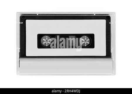 Kompaktes Audio-Kassettenetikett isoliert. Kompakte Audiokassette mit leerer Anzeige in transparenter Box. Modellvorlage Stockfoto