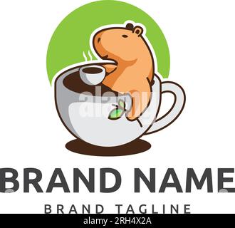 Logo von Capybara Coffee. Logo aus Wasserfallform Baden in einer Tasse Kaffee mit Kaffeeblättern, Vorlage für Wasserfalllogo. Stock Vektor