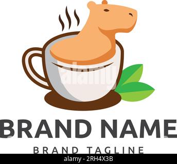 Logo von Capybara Coffee. Logo aus Wasserfallform Baden in einer Tasse Kaffee mit Kaffeeblättern, Vorlage für Wasserfalllogo. Stock Vektor