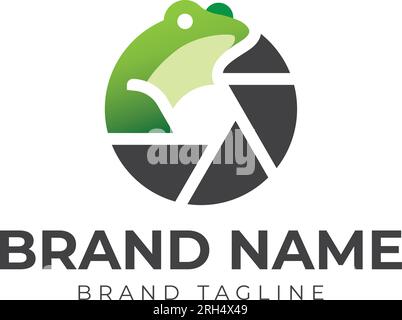 Lens Frog Logo. Kombination aus Kameraobjektiv und froschgrünem Logo. Stock Vektor