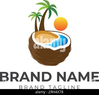 Coconut Beach Logo. Kombiniertes Logo aus Kokosnuss unterhalb des Strandlogos. Logo-Vorlage. Stock Vektor