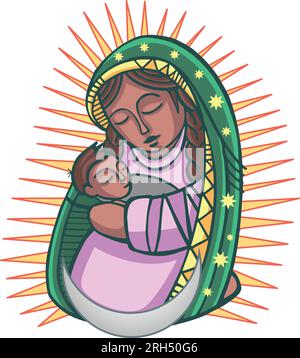 Digitale Vektordarstellung oder Zeichnung der Jungfrau Maria mit Baby Jesus im indigenen Stil Stock Vektor