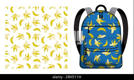 Kinderrucksack mit nahtlosem Muster und süßen, reifen Bananen. Tropische Früchte ernten. Vektorschmuck zur Gestaltung von Postern Stock Vektor