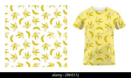 Kurzärmeliges Sport-T-Shirt aus Baumwolle mit nahtlosem Muster und süßen, reifen Bananen. Tropische Früchte ernten. Bequeme Sommerkleidung. Stock Vektor
