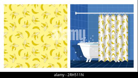 Badezimmer mit Badewanne und Vorhang, nahtlos verziert mit schälten, süßen, reifen Bananen. Tropische Früchte ernten. Vektordarstellung, Stock Vektor